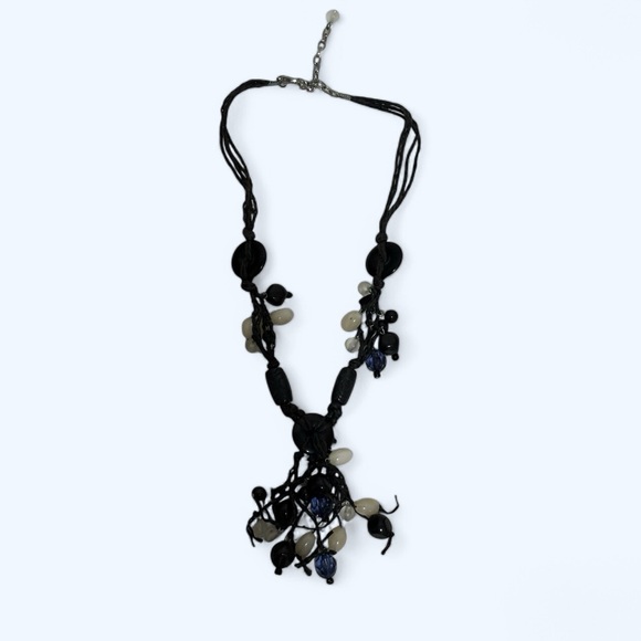 Jewelry - Button and Bead Necklace with Black Chord Black/White Women